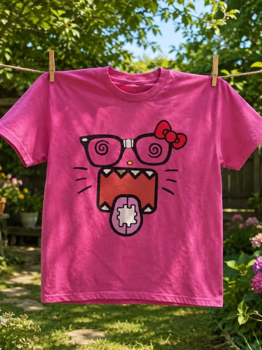 Hello Kitty Domo Kun Nerd Glasses Pink Y2K Graphic T-Shirt